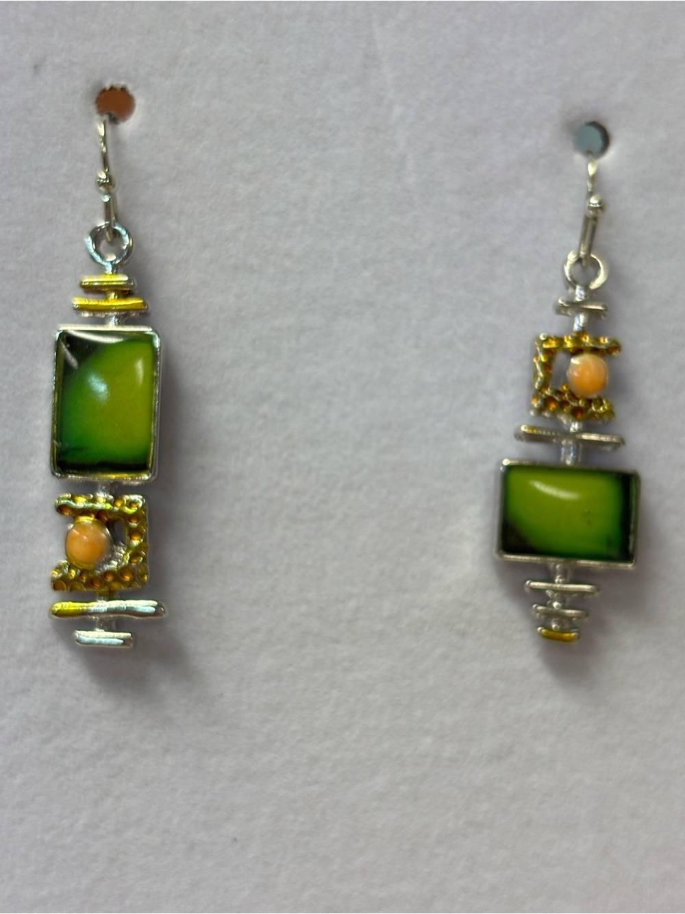 Green Glass Drop Earrings with Peach Accent - Women Jewelry